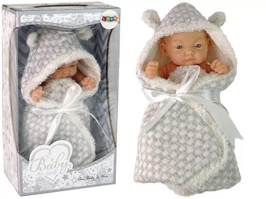 „Cute Baby“ lėlė su pilku kokonėliu ir kaspinu – 24 cm