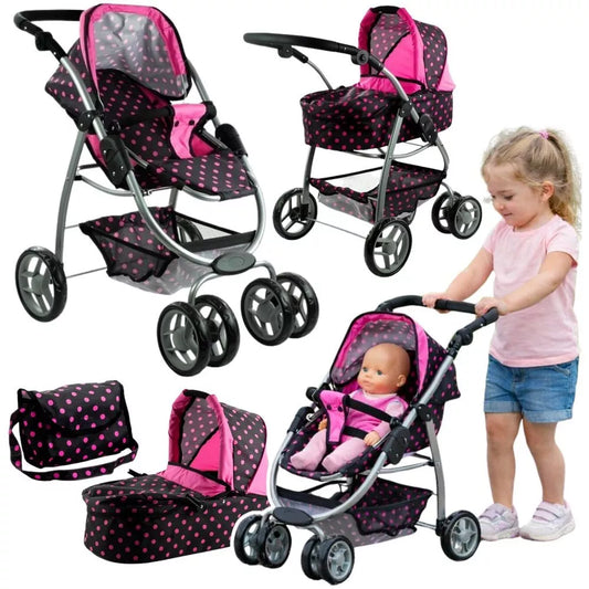 2in1 lėlių vežimėlis Alice – lopšys ir sportinis vežimėlis viename (juodas su rožiniais taškeliais)