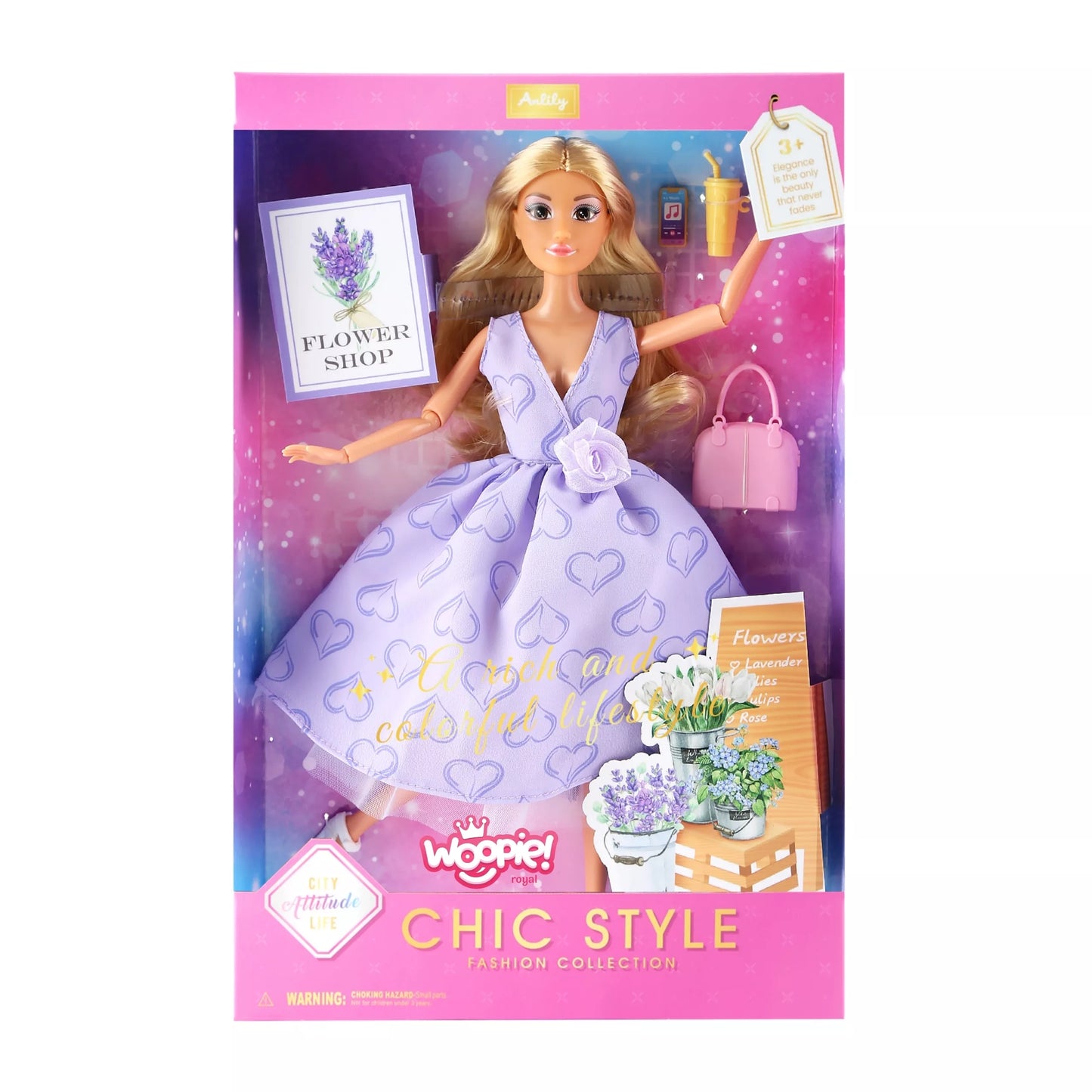 WOOPIE ROYAL Lėlė Lelija Ilgai Blondinė Plaukai 30 cm Levandų suknelė Priedai