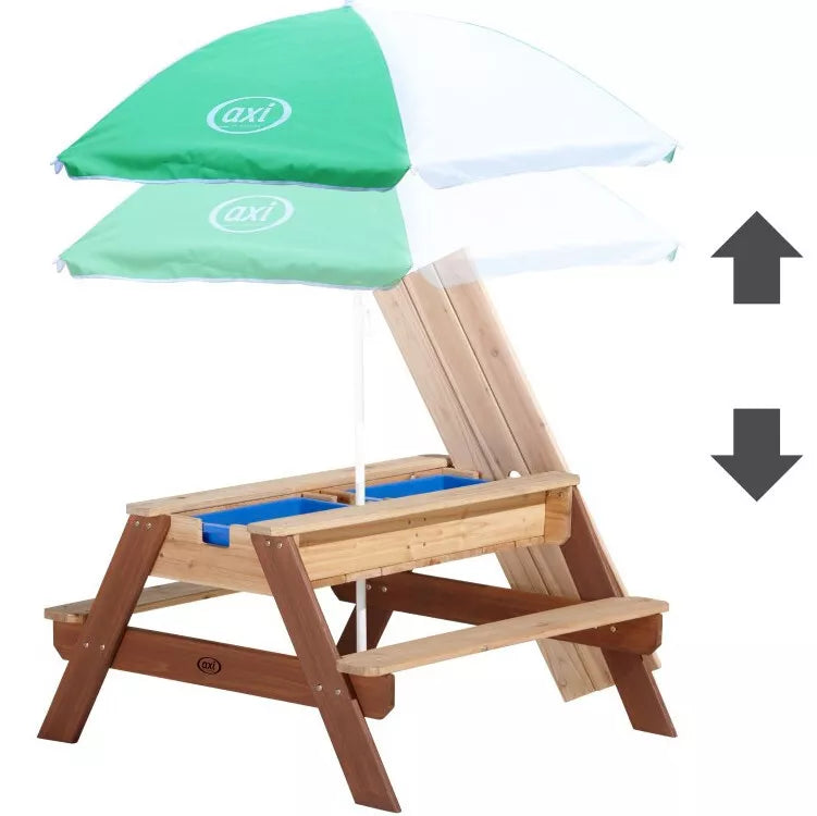 AXI Nick pikniko stalas su suoleliais, skėčiu ir smėlio/vandens konteineriais