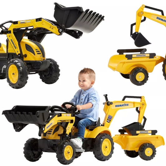 FALK Komatsu pedalinis traktorius su ekskavatoriaus kaušu ir priekaba