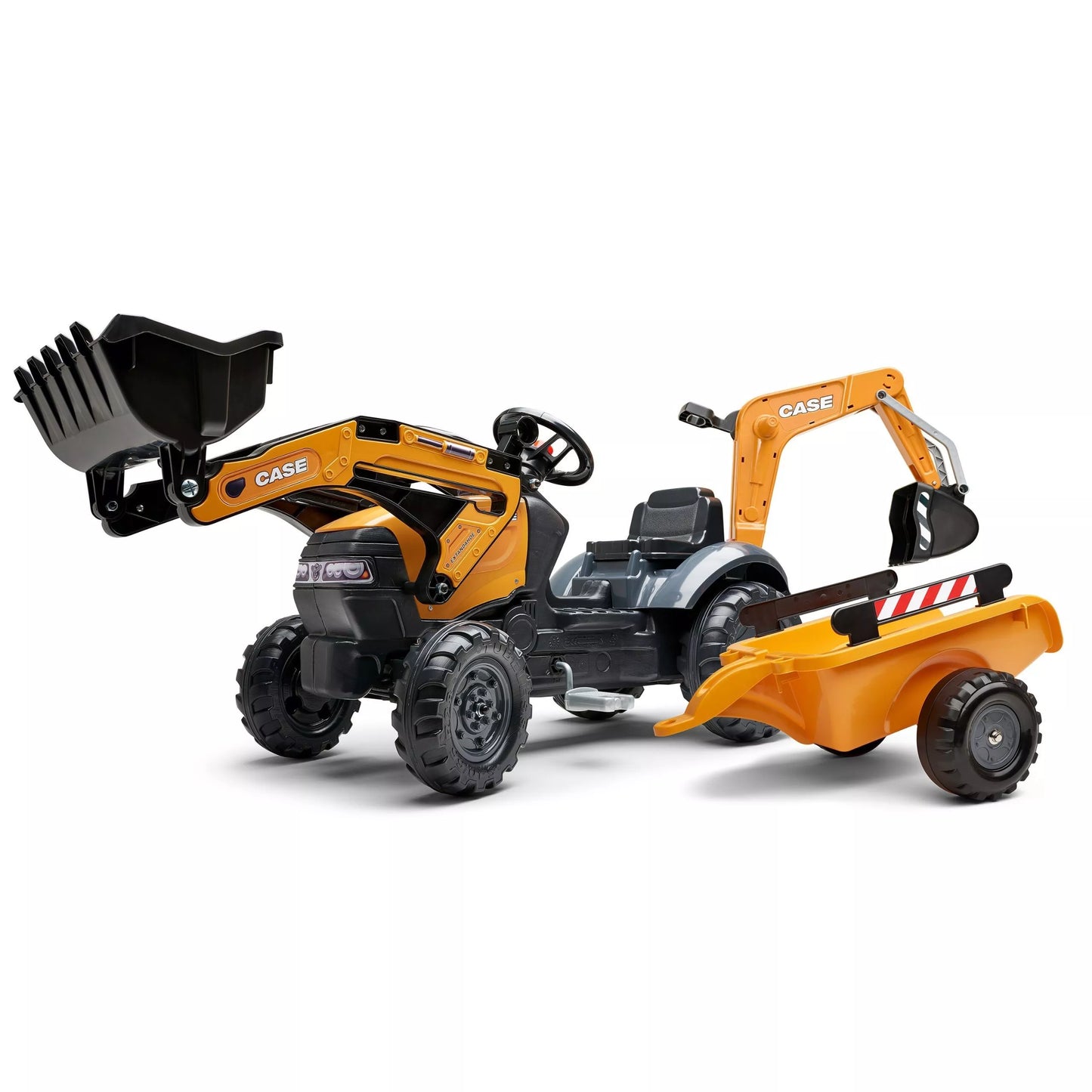 FALK CASE pedalinis traktorius su ekskavatoriaus kaušu ir priekaba, 2–5 metų vaikams
