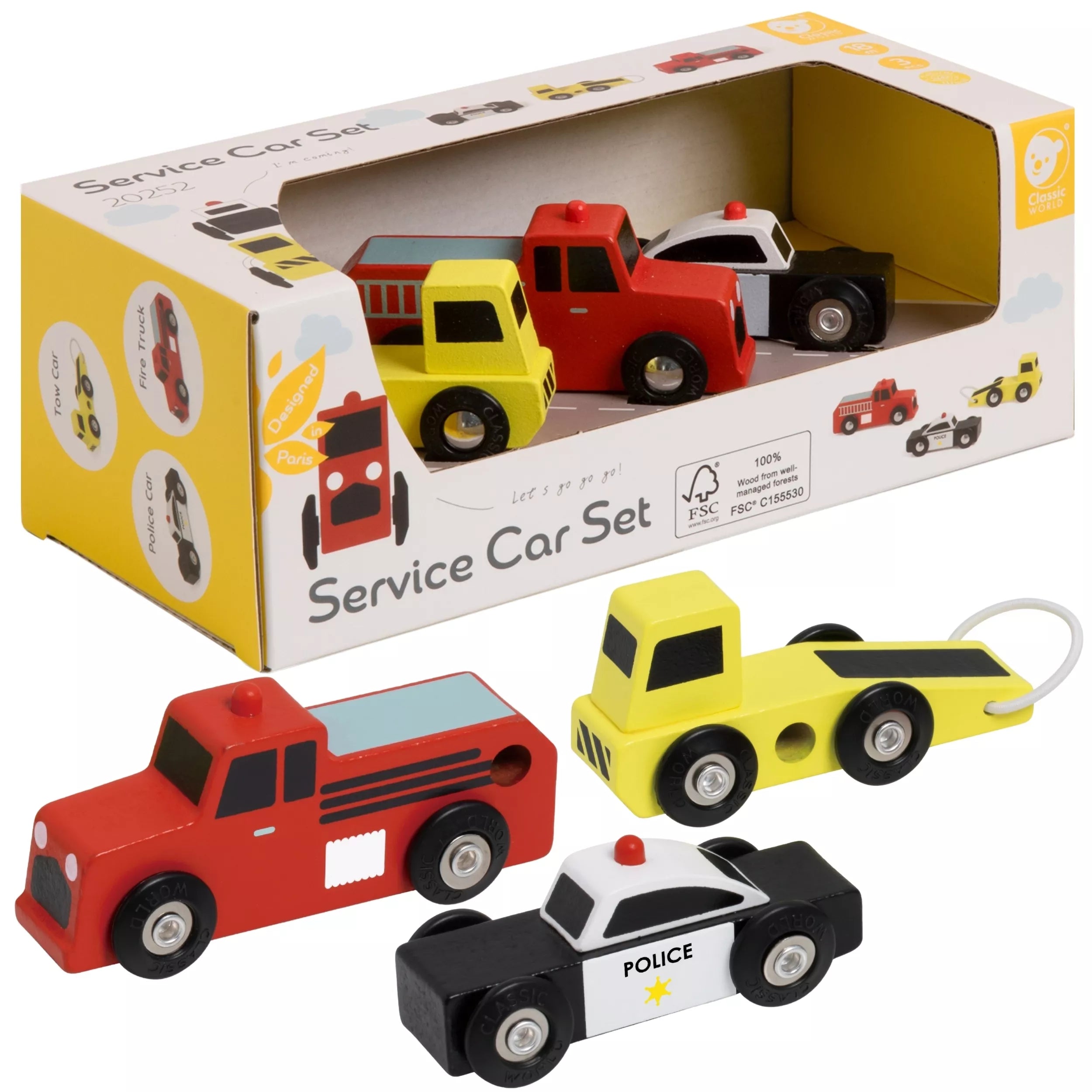 CLASSIC WORLD mediniai automobiliai, policijos ir gaisrinės mašinos, 3 vnt. rinkinys