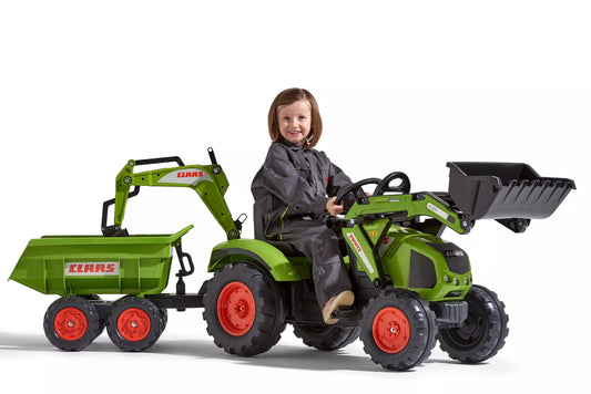 Falk Claas Axos 330 pedalinis traktorius su krautuvu, ekskavatoriumi ir maxi priekaba
