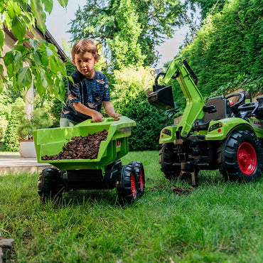 Falk Claas Axos 330 pedalinis traktorius su krautuvu, ekskavatoriumi ir maxi priekaba