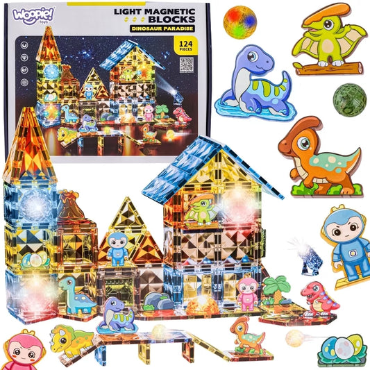 WOOPIE magnetiniai konstruktoriai, šviečiantys 3D dinozaurų parkas, 124 vnt.