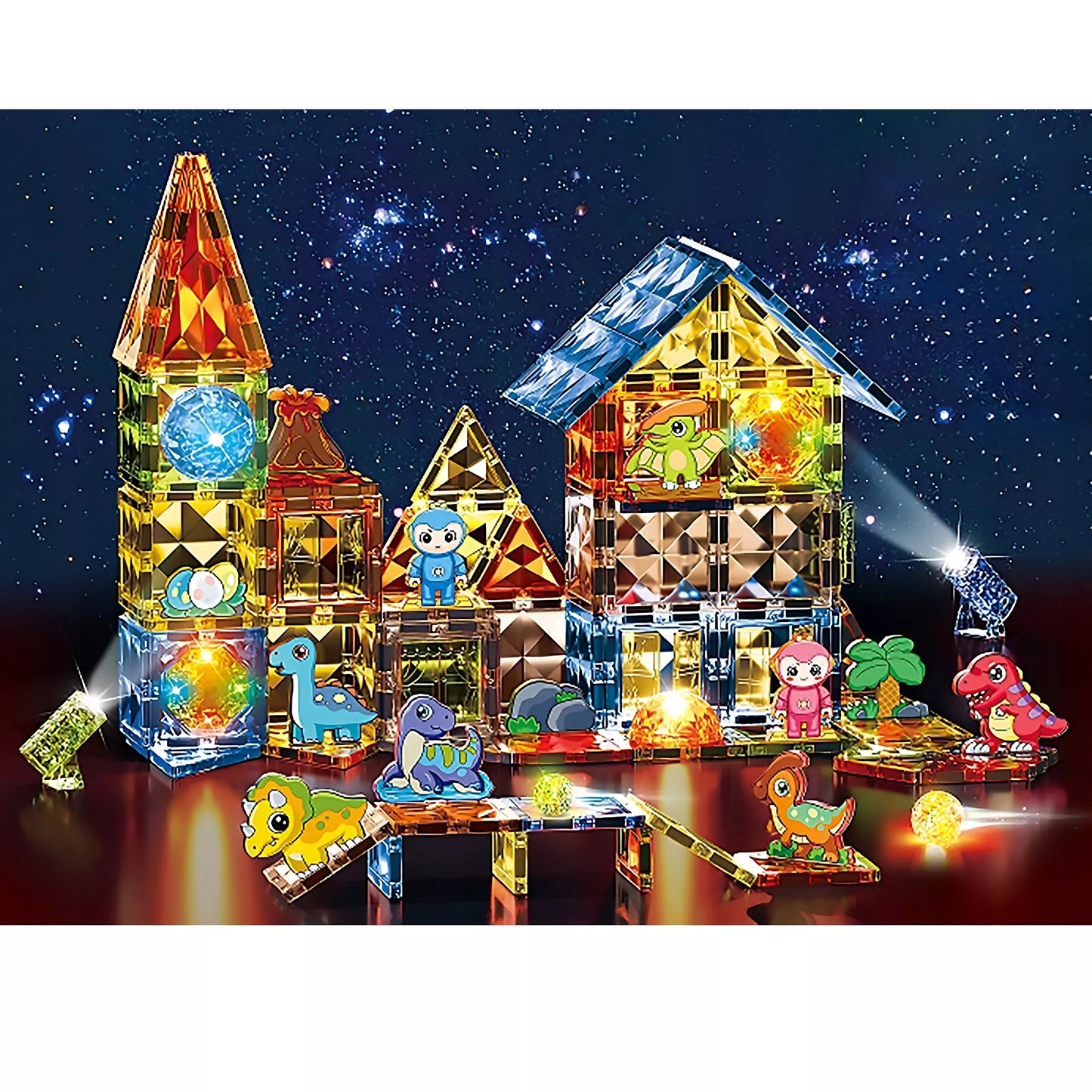 WOOPIE magnetiniai konstruktoriai, šviečiantys 3D dinozaurų parkas, 124 vnt.