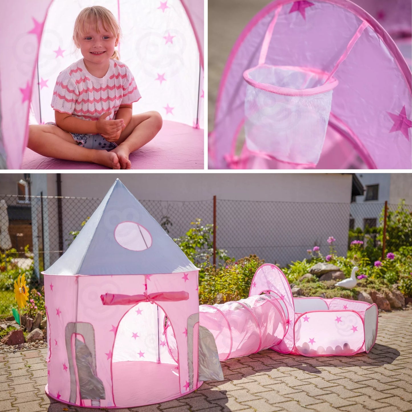 WOOPIE 3 viename palapinė – Princesės rūmai XXL su tuneliu ir kamuoliuku baseinu