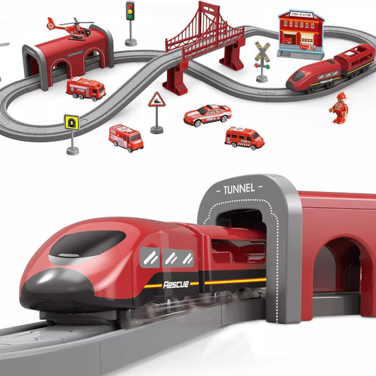 WOOPIE elektrinio geležinkelio komplekto lokomotyvų ugniagesių skyrius 66vnt