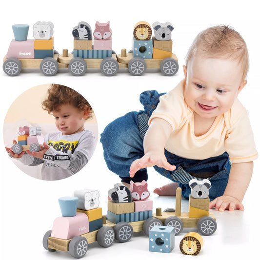 VIGA PolarB medinis traukinukas su vežimėliais ir gyvūnais Montessori krūvoms statyti