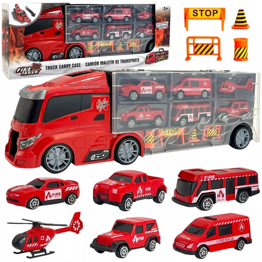 WOOPIE 3in1 gaisrinės sunkvežimis su paleidimo funkcija, 5 automobiliais ir sraigtasparniu