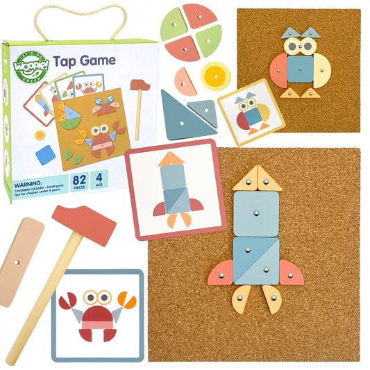 WOOPIE GREEN medinis dėlionės plaktukas su vinimis, 20 raštų, 82 vnt.