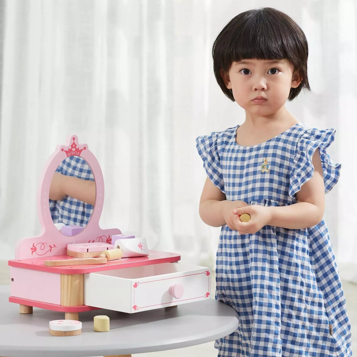 VIGA medinis rožinis kosmetinis staliukas su veidrodžiu + aksesuarais
