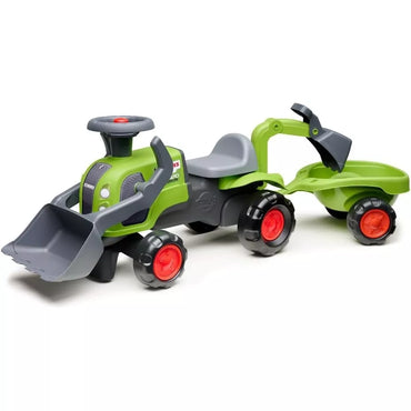 FALK vaikiškas važinėjamas traktorius „Claas“ su ekskavatoriumi, kaušu ir priekaba.