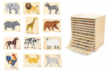 VIGA Medinių dėlionių rinkinys – 12 Montessori gyvūnų dėlionių su stovu