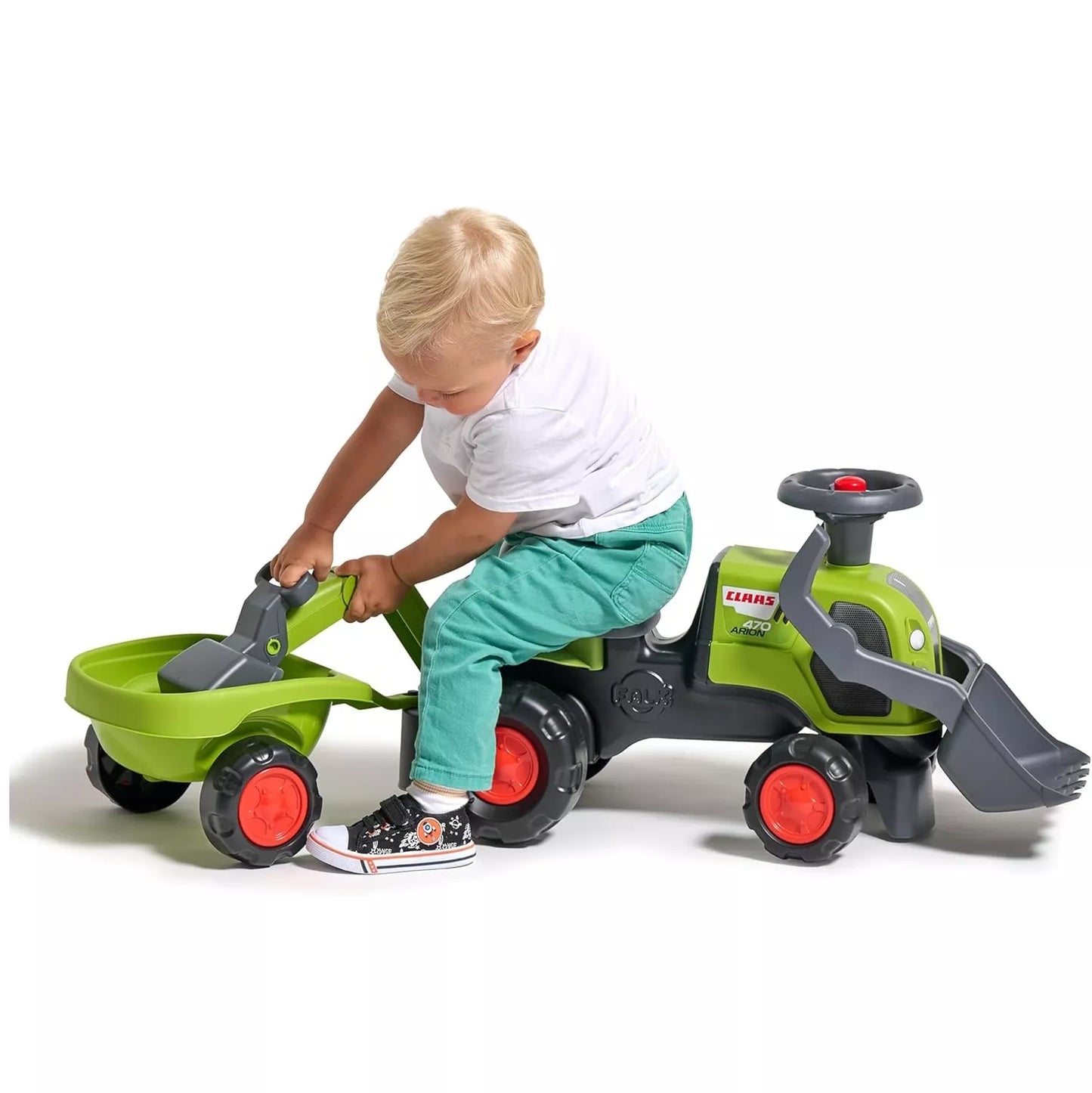 FALK vaikiškas važinėjamas traktorius „Claas“ su ekskavatoriumi, kaušu ir priekaba.