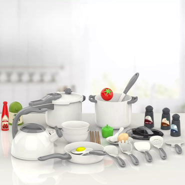 WOOPIE mažojo virėjo puodų, keptuvių, virdulių rinkinys, balti, 32 vnt.