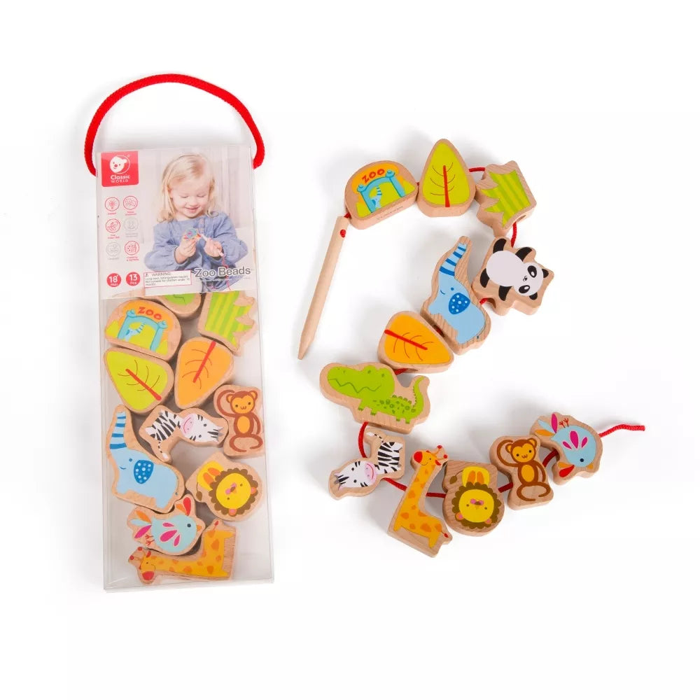 CLASSIC WORLD mediniai siūlų vėrimo kaladėlės ZOO 13 vnt.