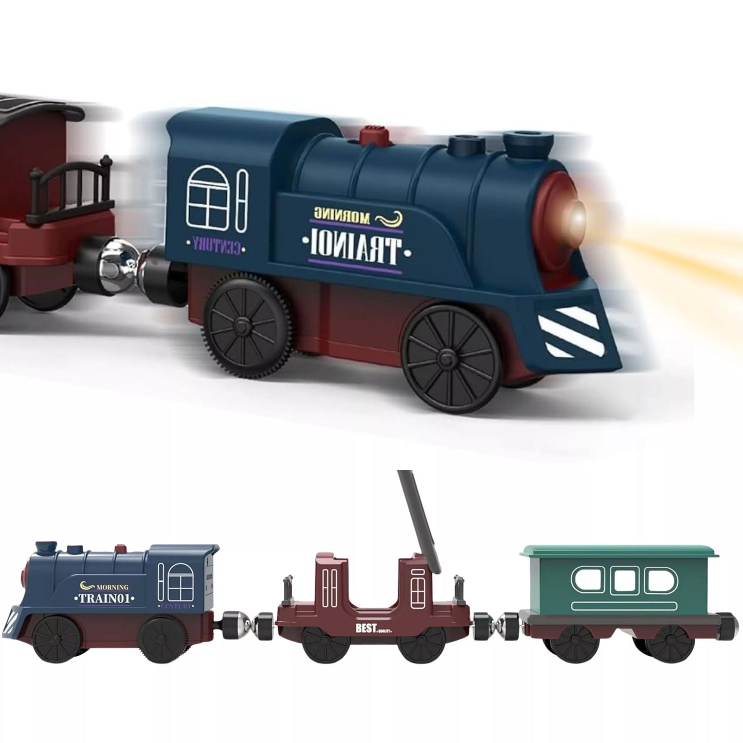 WOOPIE elektrinis traukinio bėgių kelias Retro Ciuchcia lokomotyvas + 2 vagonai – 76 vnt. rinkinys.