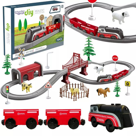 WOOPIE Electric Queue Set Locomotive Track Farm Animals 70 vnt.
