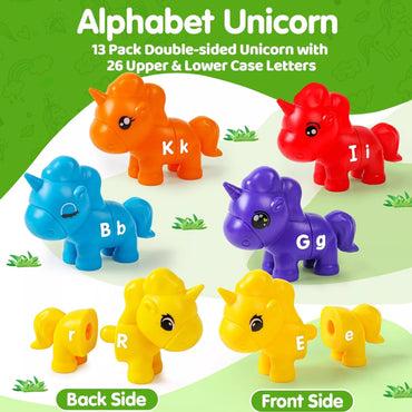 Montessori figūrėlių lavinantis rinkinys Vienaragiai surinkimui mokytis raides ir spalvas