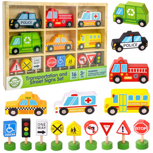 WOOPIE GREEN medinių transporto priemonių ir kelio ženklų rinkinys, 15 vnt.