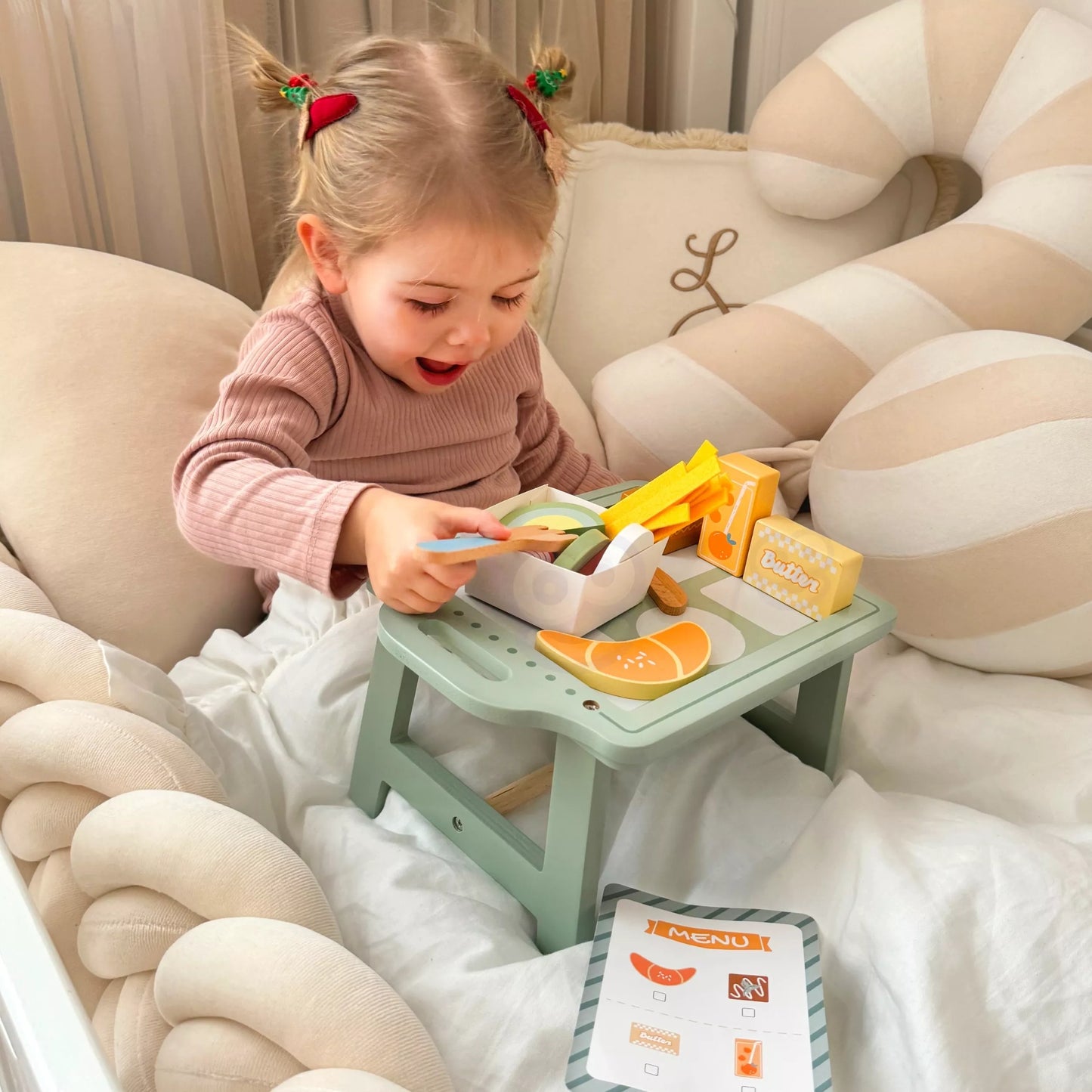 WOOPIE GREEN Pusryčių rinkinys ir restoranas – užsakymo žaidimas su padėklu ir priedais