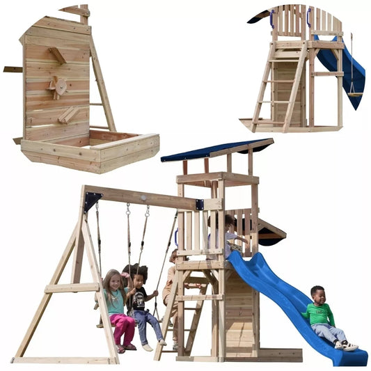 AXI medinės didelės žaidimų aikštelės sūpynės, čiuožykla ir smėlio dėžė