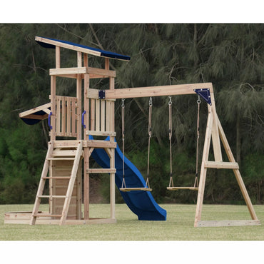 AXI medinės didelės žaidimų aikštelės sūpynės, čiuožykla ir smėlio dėžė