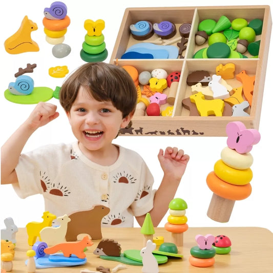 VIGA mediniai kaladėlės „Spalvingos miško pasakos“ dėžutėje, 58 vnt.