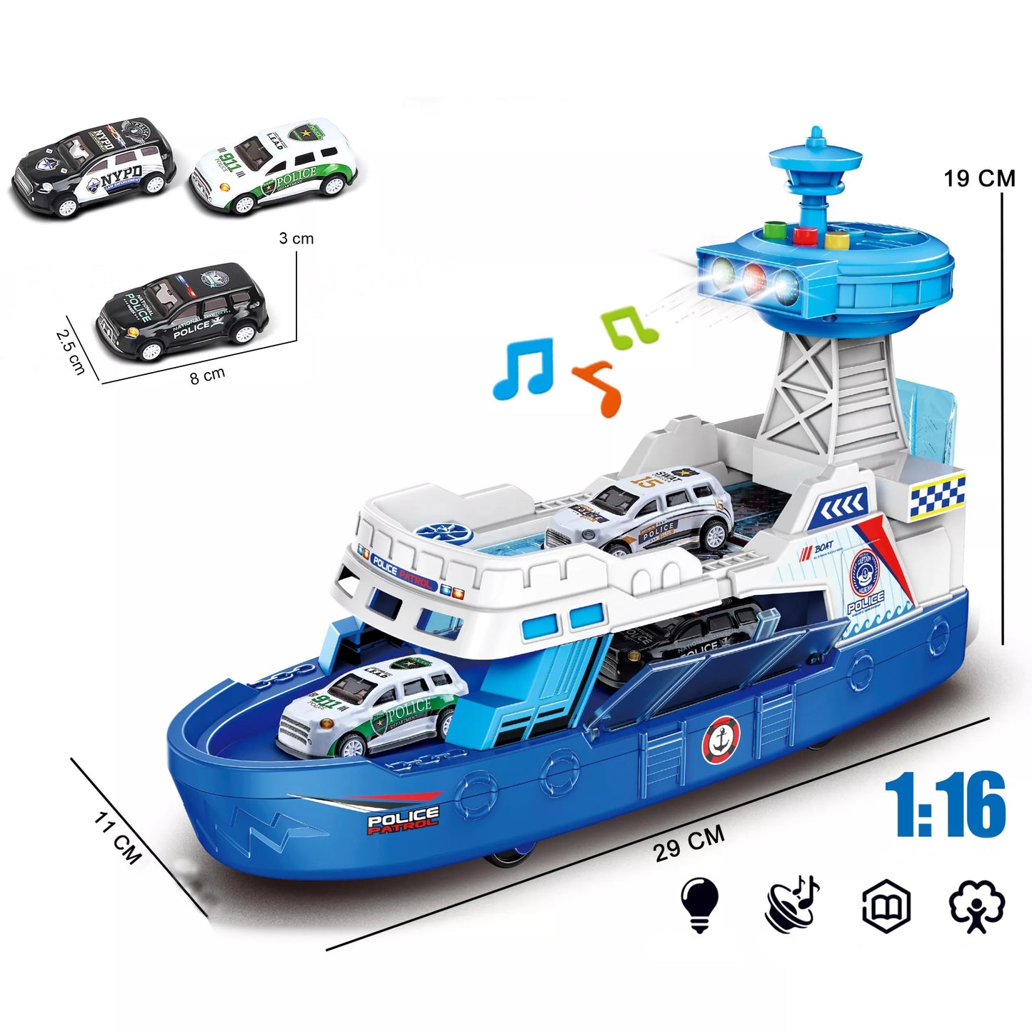 WOOPIE interaktyvus policijos patrulinis kateris – mastelis 1:16 + 3 automobiliai