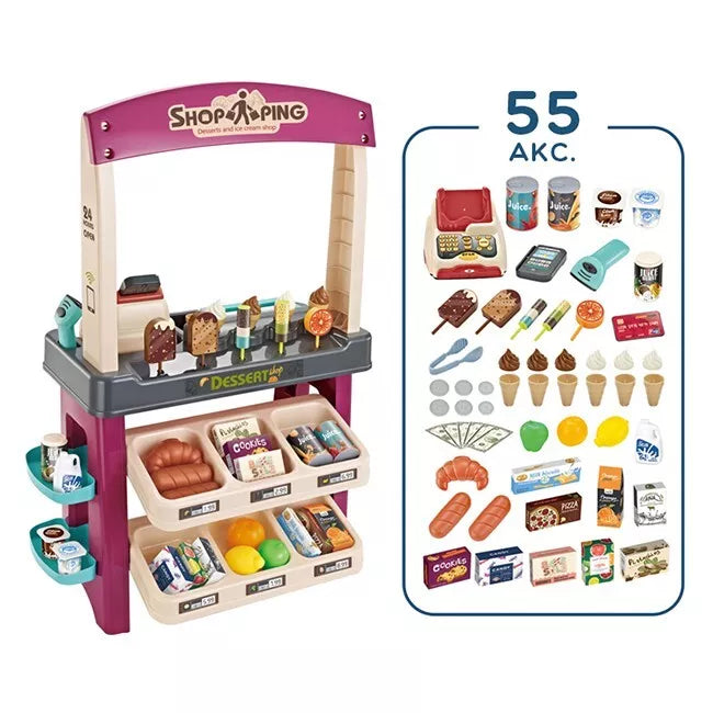 WOOPIE parduotuvėlė–supermarketas su ledais ir saldumynais, šviesos ir garsai + 55 priedai