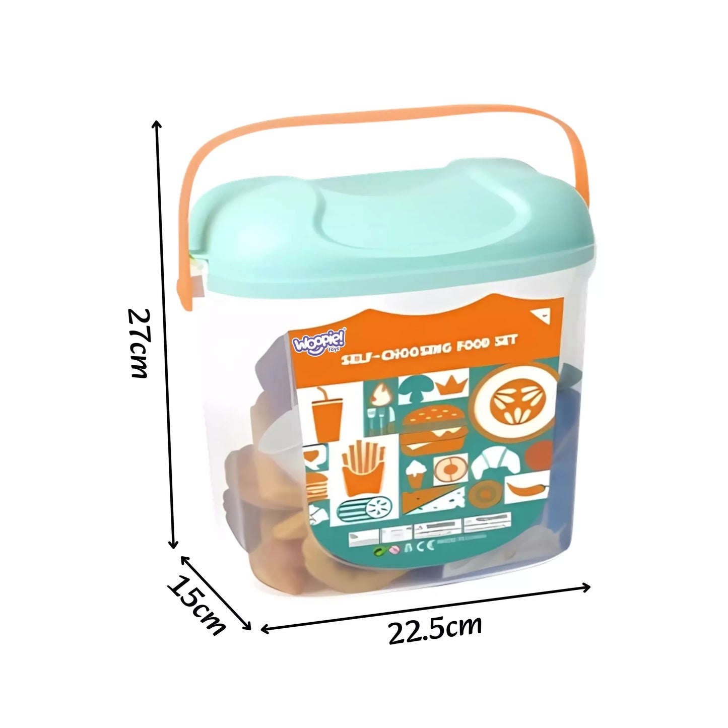 WOOPIE XL rinkinys Maistas žaidimams Maisto produktai Greito maisto saldumynai Sausainiai Stalo įrankiai kibire 40 vnt.