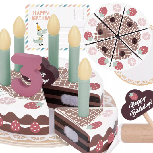 TOOKY TOY medinis gimtadienio tortas pjaustymui su lipdukais, žvakėmis ir gimtadienio atviruku