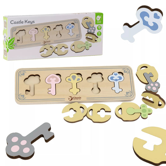 CLASSIC WORLD medinis Montessori sensorinis galvosūkis su atitinkamais raktais ir spynomis