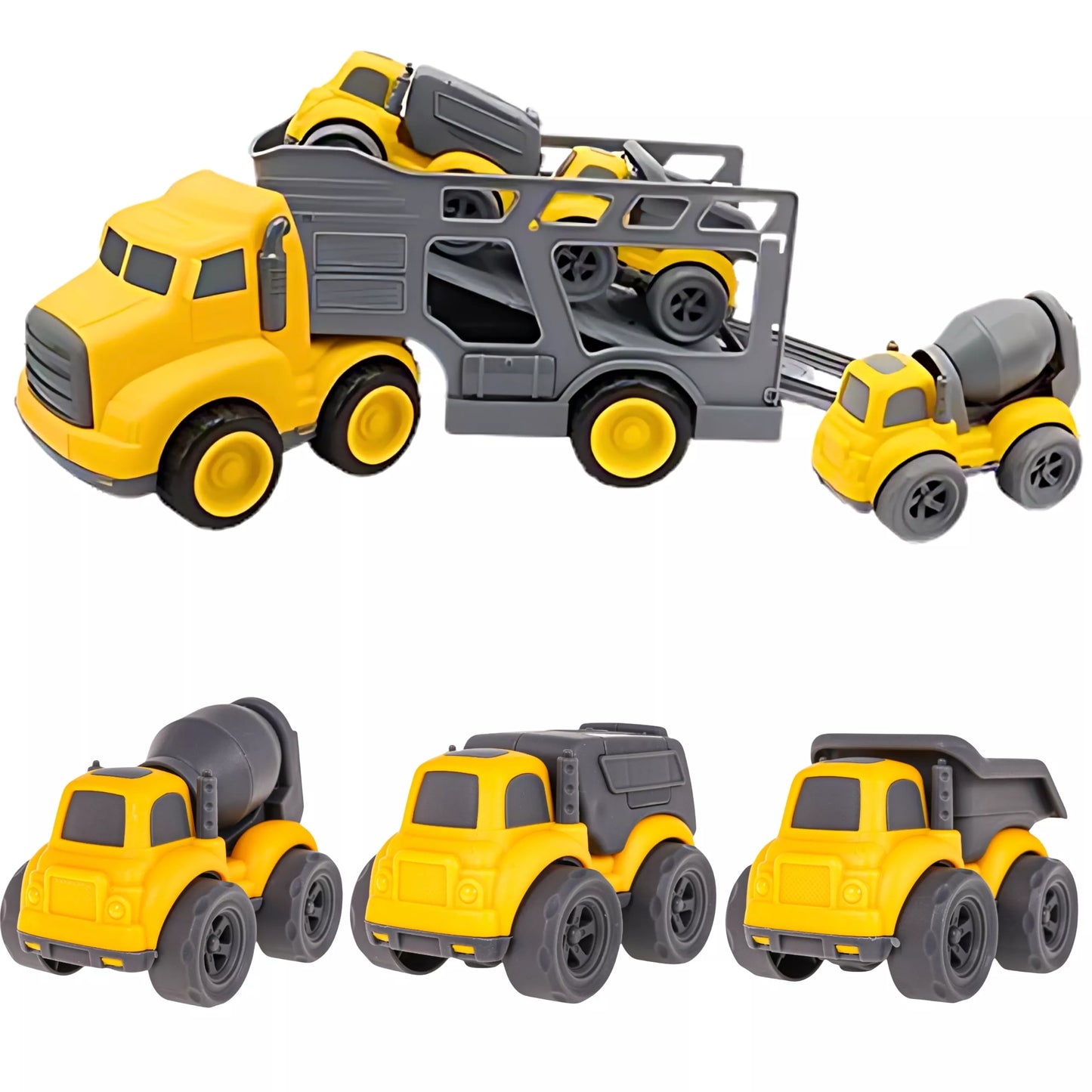 Woopie statybinių mašinų rinkinys su didžiuliu tralo sunkvežimiu (4 vnt.)