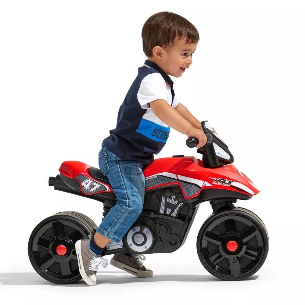 FALK lenktynių komandos motociklas, raudoni, platūs ratai, nuo 1 metų amžiaus