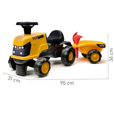 FALK važiuojamas JCB „Fastrac“ traktorius su priekaba, kastuvu ir grėbliu
