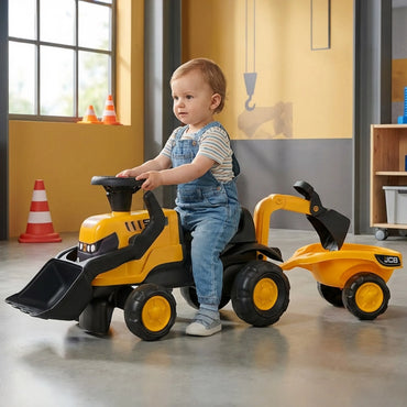 FALK važiuojamas „JCB“ traktorius su priekaba, grėbliu ir kastuvu