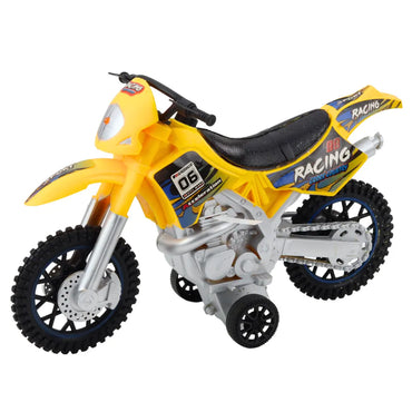 Geltonas bekelės žaislinis motociklas su šviesomis