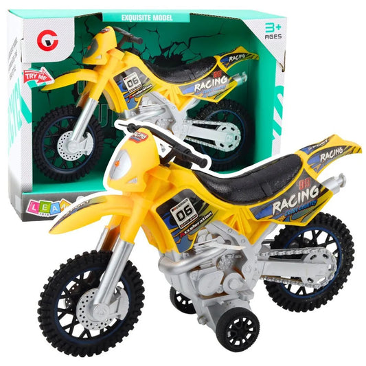 Geltonas bekelės žaislinis motociklas su šviesomis