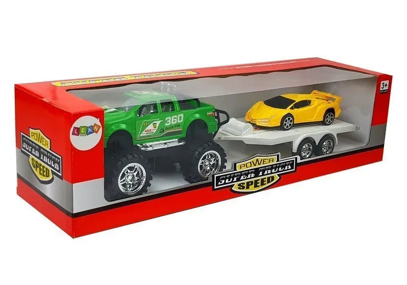 Geltonų sportinių automobilių ir žalio visureigio rinkinys