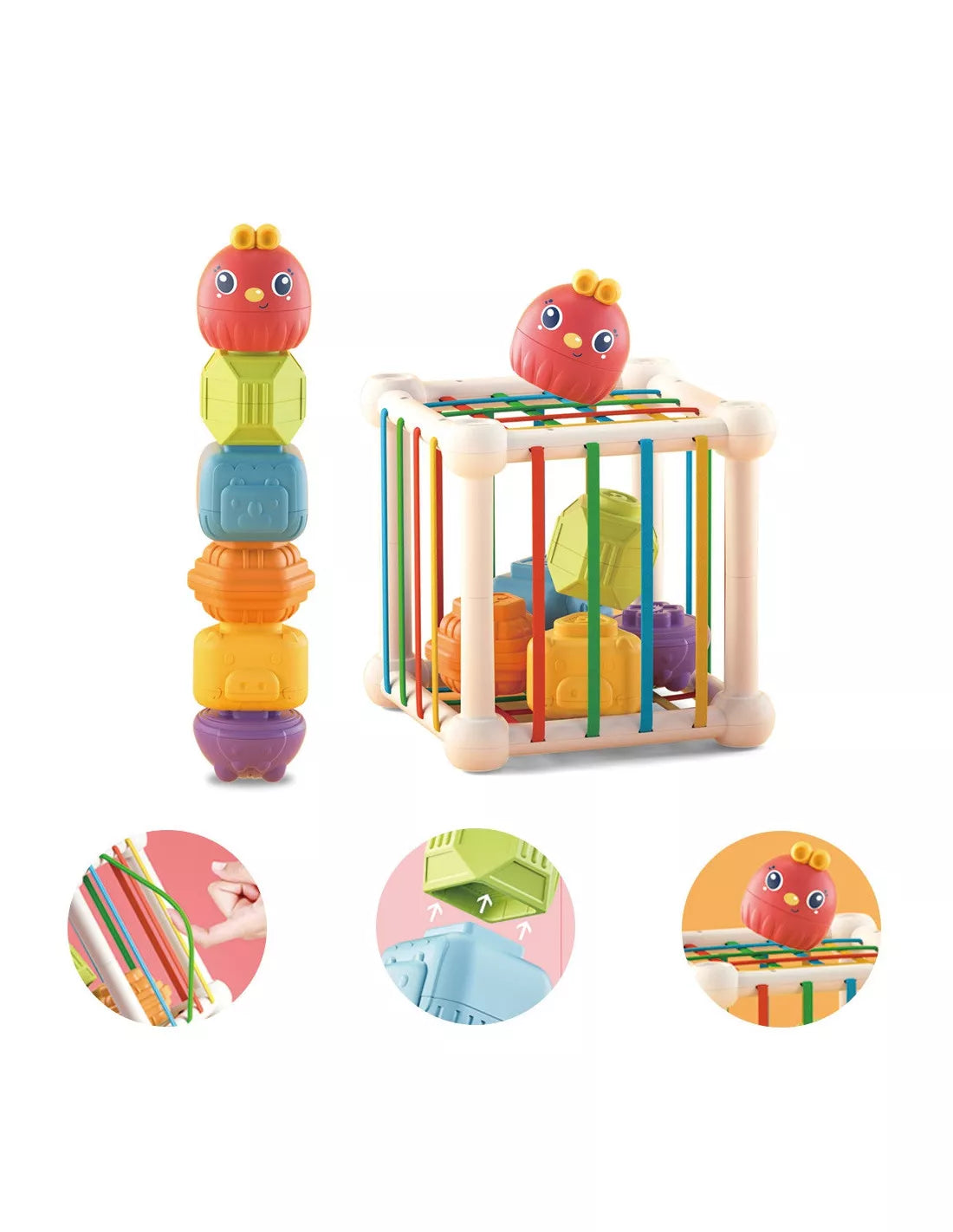 WOOPIE KŪDIKIO Lankstus sensorinis kubelių rūšiuoklis vaikams su gyvūnėliais + barškučiu, 7 vnt.