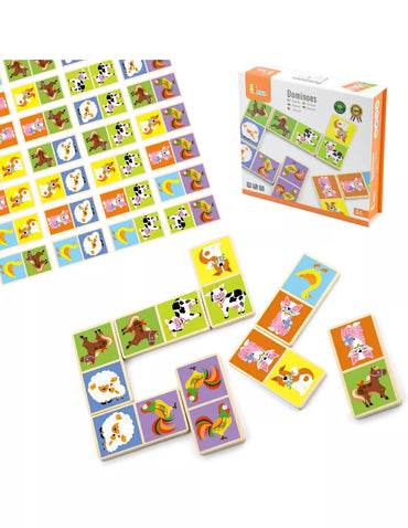 VIGA edukaciniai mediniai domino blokeliai „Farma“ – 28 detalės, Montessori