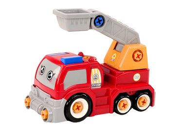 Išardomas raudonas sunkvežimis su bokšteliu, grąžtu ir atsuktuvu