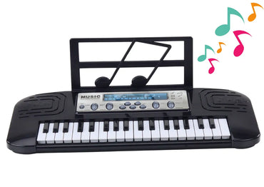 Juodas vaikiškas elektrinis pianinas su 37 klavišais, mikrofonu ir stovu