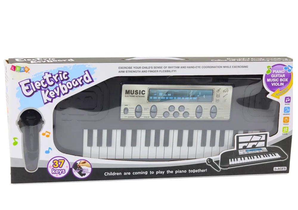 Juodas vaikiškas elektrinis pianinas su 37 klavišais, mikrofonu ir stovu