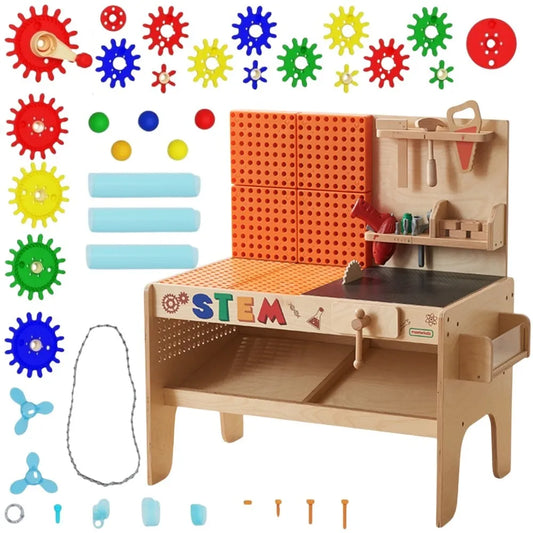 Masterkidz medinės STEM dirbtuvės XXL su įrankiais ir mechanikos sistema