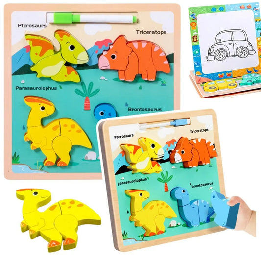 Medinė dinozaurų dėlionė su piešimo lenta
