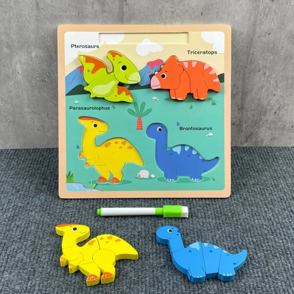 Medinė dinozaurų dėlionė su piešimo lenta
